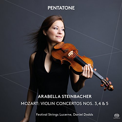 "CD cover with a woman holding a violin, dark background, white text."
