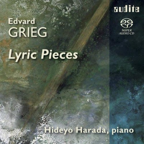 CD cover with abstract green and blue background, featuring Edvard Grieg's "Lyric Pieces".