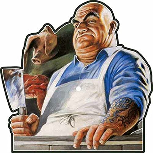 Illustration of a butcher with a pig's head and a large knife.