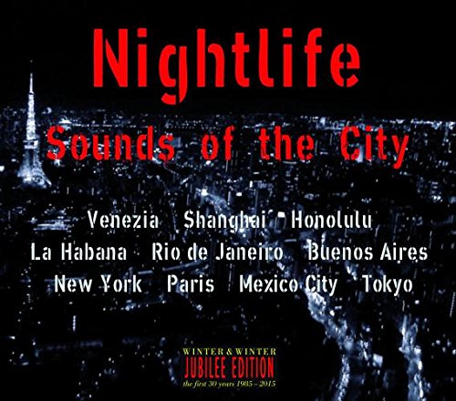 "CD cover with cityscape at night and list of cities in white text."