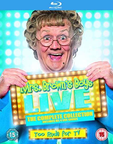 "Mrs. Brown's Boys Live" Blu-ray cover featuring a woman holding a marquee sign.