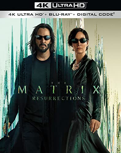 The Matrix Resurrections" Blu-ray cover featuring Keanu Reeves and Carrie-Anne Moss.
