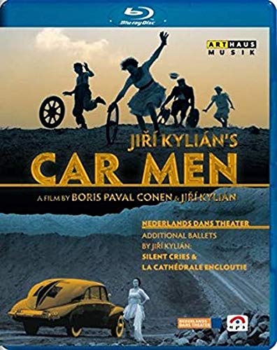 "Blue and yellow cover art for 'Car Men' Blu-ray, featuring dancers and a vintage car."