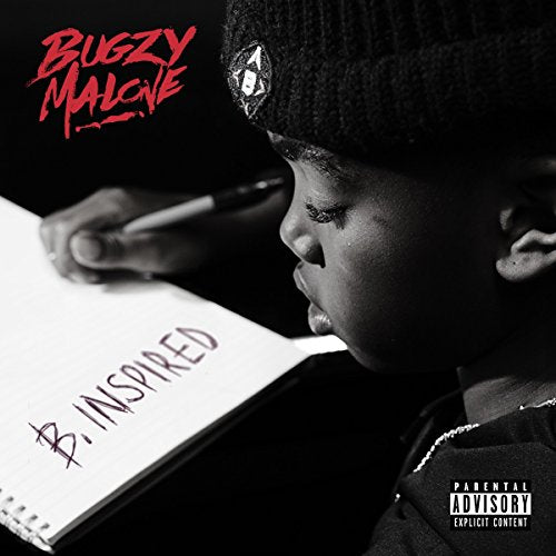 Bugzy Malone album cover: young boy writing, black and white portrait.