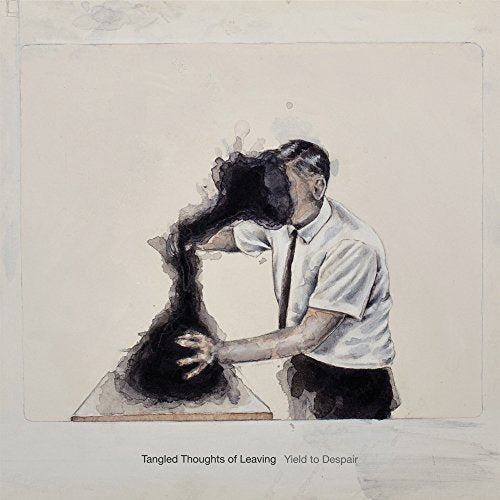 Watercolor painting of a man with dark liquid pouring from his head.