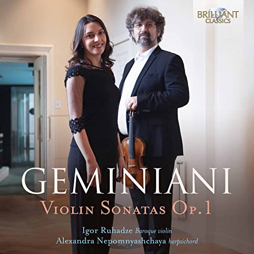CD cover featuring a woman and man with a violin, titled “Geminiani.”