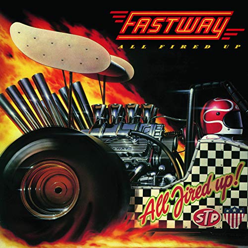 CD cover for Fastway’s “All Fired Up” featuring a hot rod illustration.