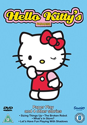 "Hello Kitty DVD cover featuring Hello Kitty in red dress against blue background."