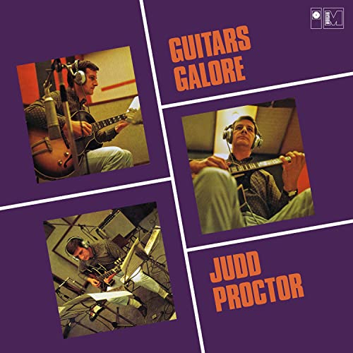 Album cover for Judd Proctor’s “Guitars Galore” featuring a musician with guitars.