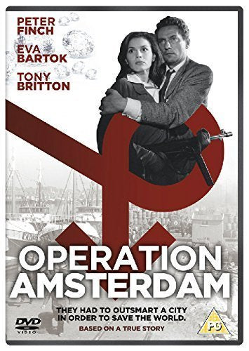 DVD cover for "Operation Amsterdam" with a couple and harbour scene.