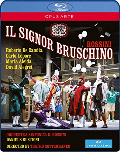 Blu-ray cover for Rossiniās āIl Signor Bruschinoā opera with cast image.
