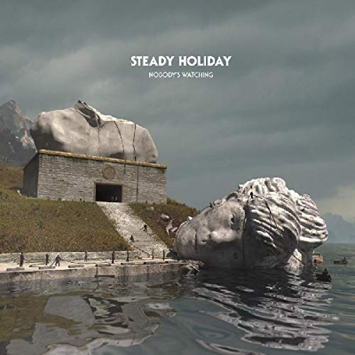 "Album cover art: surreal scene with stone building, giant heads, and cloudy sky."
