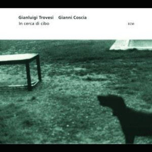 "Black and white album cover with a dog and chair on grass."