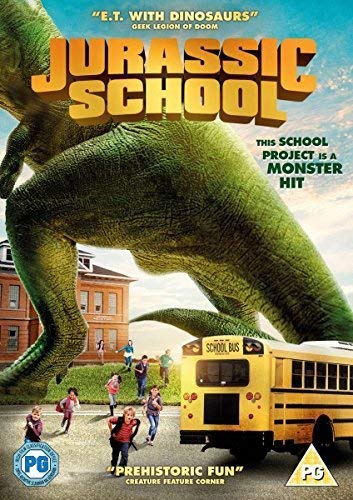 DVD cover: dinosaur towering over school, children running, yellow school bus.