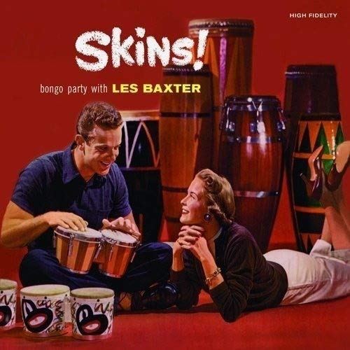 "Album cover with man and woman surrounded by bongos on a red background."