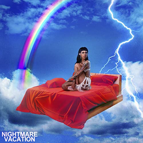 Rico Nasty sits on a floating red bed under a rainbow and lightning.