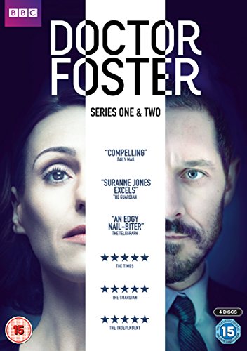 DVD cover for "Doctor Foster" series 1 and 2, featuring a man and woman.