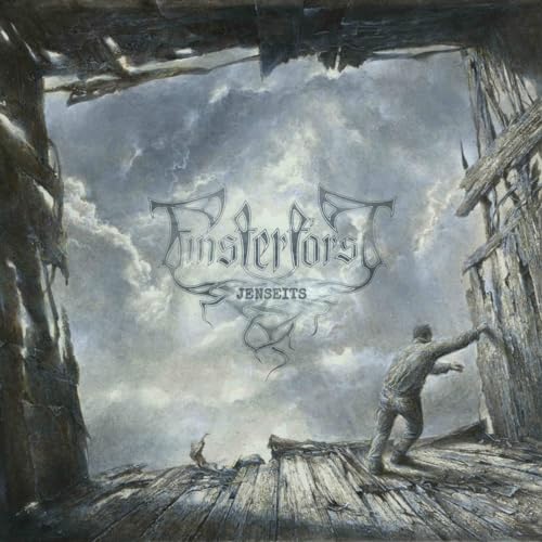 Album cover for Finsterforst’s “Jenseits” featuring a crumbling wooden structure and sky.