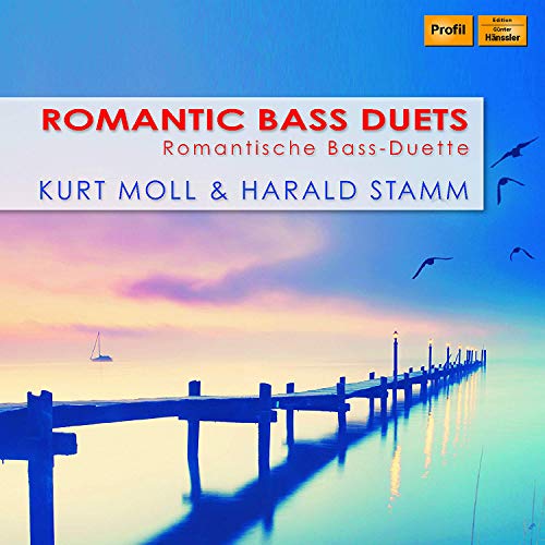 "CD cover with serene dock scene and 'Romantic Bass Duets' title in red and blue text."