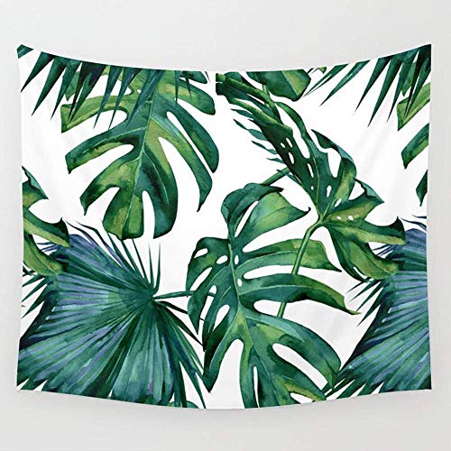 White tapestry with a watercolor-style pattern of large green tropical leaves.