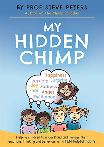 "Book cover with cartoon children, a chimp, and emotions in a thought bubble."