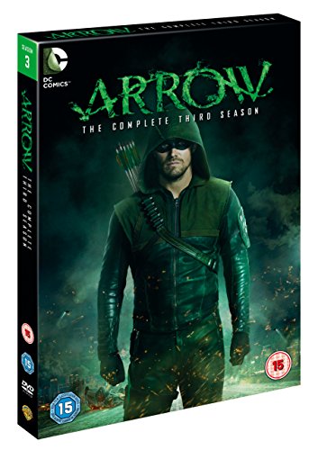 "Arrow Season 3 DVD box set featuring a man in a green hooded costume."
