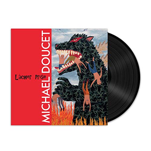Vinyl record with cover art featuring a monster and people, red and blue background.
