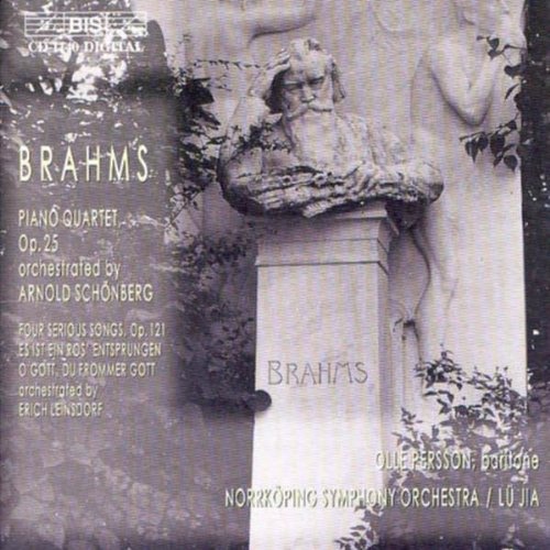 A grayscale CD cover featuring a statue and text about Brahms' Piano Quartet.