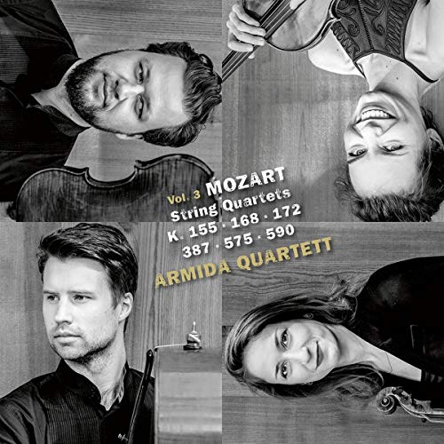 CD cover featuring four musicians with string instruments, Mozart's String Quartets.