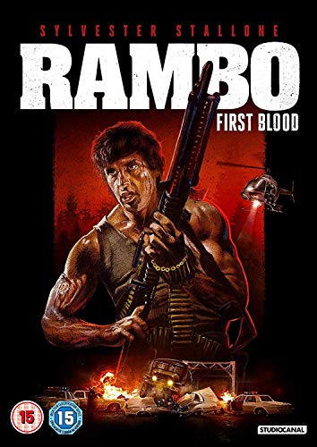 Sylvester Stallone as Rambo, holding a rifle, with a helicopter and explosions.