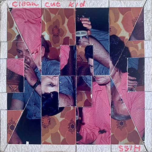Hiss" vinyl album cover by Clean Cut Kid, fragmented portrait collage.