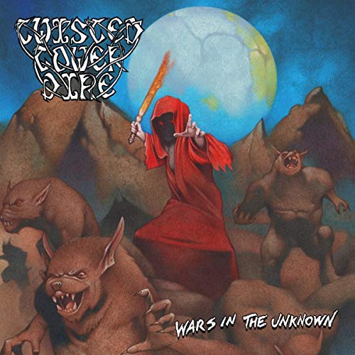 Fantasy album cover with hooded figure, monsters, and a large moon.