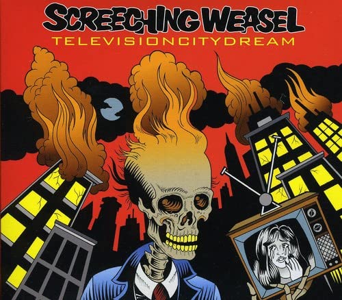 CD cover: skull with flames, cityscape, and a woman on a TV screen.