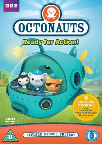 "Octonauts DVD cover featuring cartoon characters in a submarine, with 'Ready for Action' text."