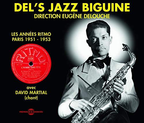Black and white portrait of Eugène Delouche with a saxophone, album cover.