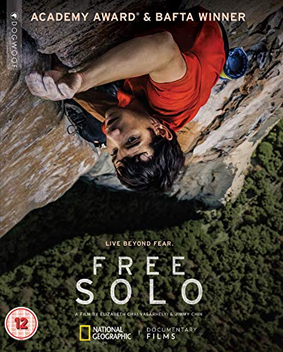 Blu-ray cover for documentary “Free Solo” featuring a rock climber.