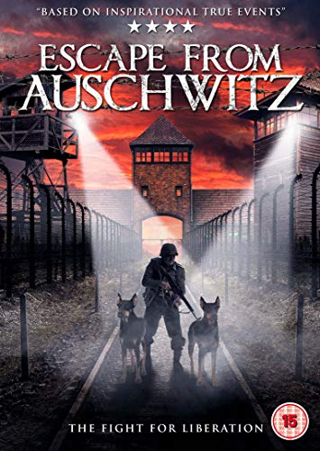 DVD cover for "Escape From Auschwitz" showing a man with dogs in a prison camp.