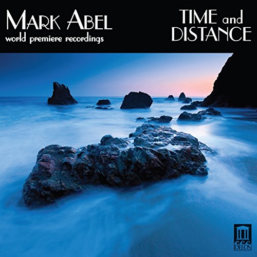 "Album cover with serene rocky shoreline at dusk, with 'Mark Abel' and 'Time and Distance' text."