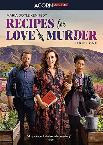 DVD cover for "Recipes for Love & Murder" featuring three people in a rural setting.