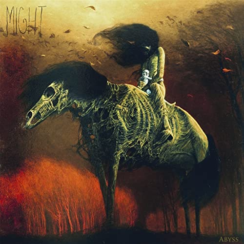 Skeletal horse with a small figure on its back, in a hazy landscape.