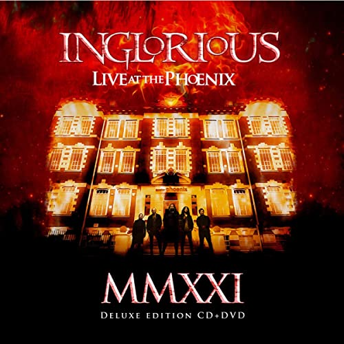 Inglorious album cover: building with figures, fiery red and black tones.