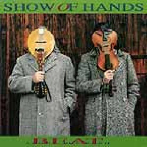 "CD cover featuring two men with violin and cello-shaped masks, wearing grey coats."