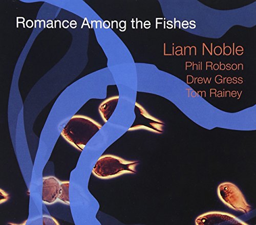 "Liam Noble's 'Romance Among the Fishes' CD cover featuring fish and blue wavy lines."