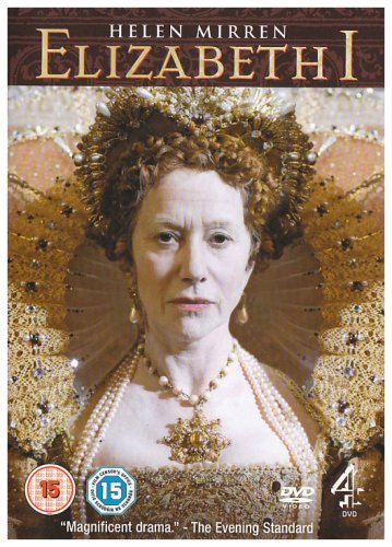 DVD cover for "Elizabeth I" starring Helen Mirren, regal portrait.