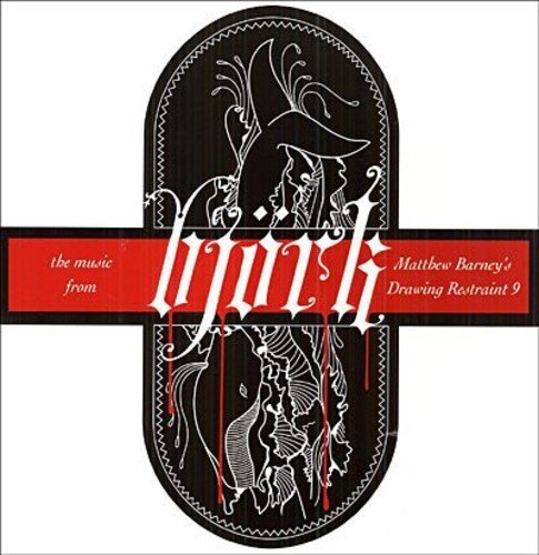 Björk album cover: black and white line art with red accents.