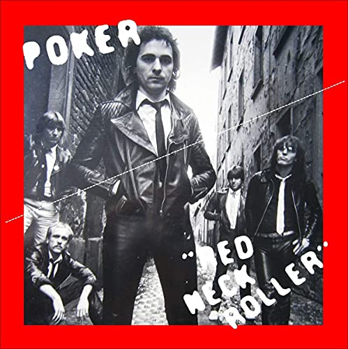 Black and white photo of a band, "Poker - Red Neck Roller" vinyl cover.