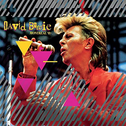 David Bowie performing with a microphone, colorful geometric shapes overlayed.