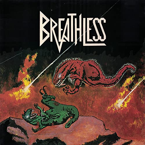 Album cover: red and green dinosaurs fighting amid flames and rocks.