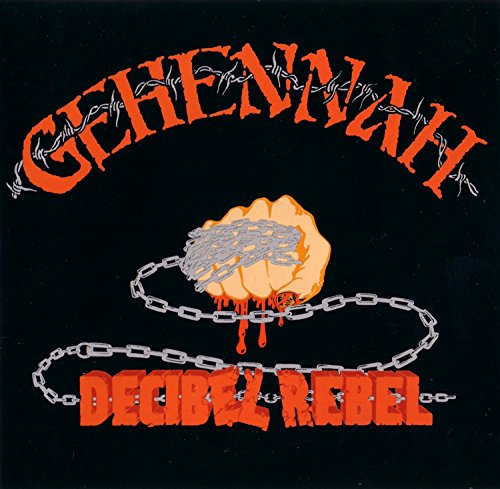 "Black album cover with red text and a bloody fist chained graphic."