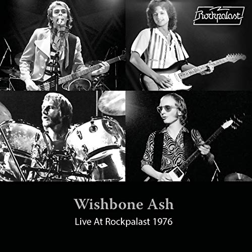 Black-and-white Wishbone Ash album cover featuring four band members performing on stage.